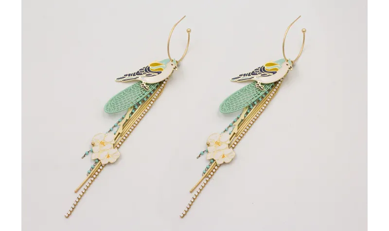 Pendientes aro bolita con pajaro esmaltado tonos a