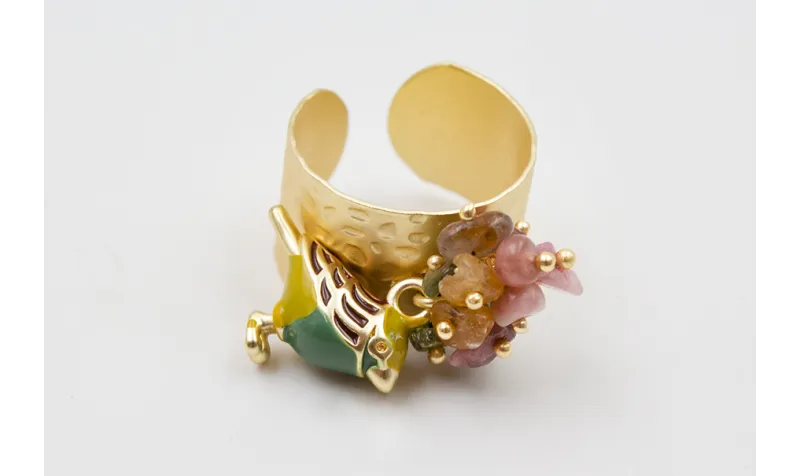 Anillo burruño turmaslines verde-rosas y pájaro es