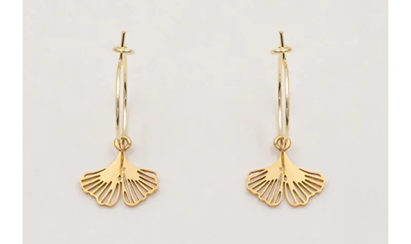 Pendientes ACERO aro pequeño con hoja de gingko pe