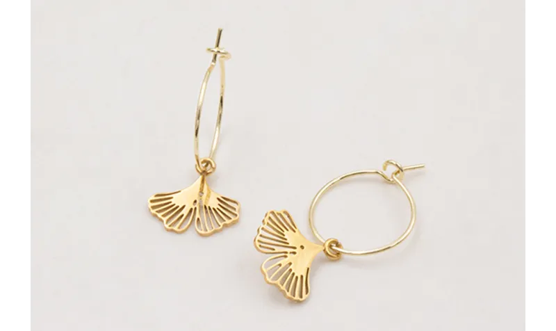 Pendientes ACERO aro pequeño con hoja de gingko pe