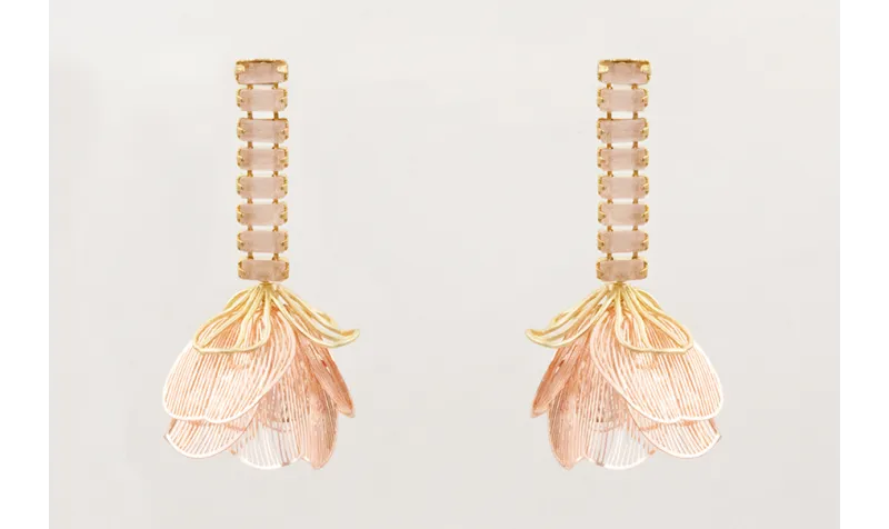 Pendientes cadena strass cristales rosas con flor 