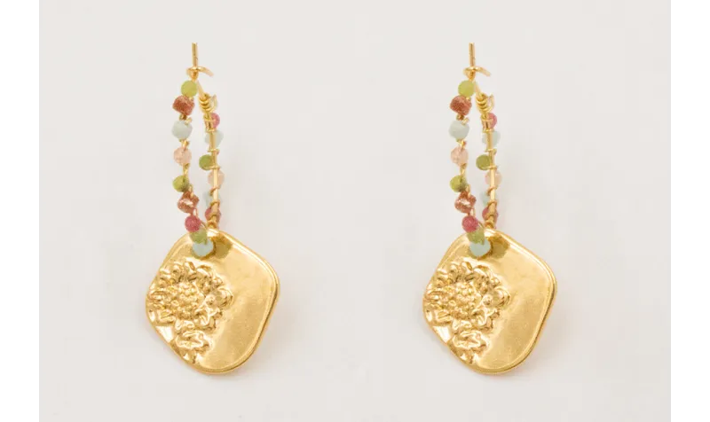 Pendientes ORO 18K. Aro con semipreciosas y colgan