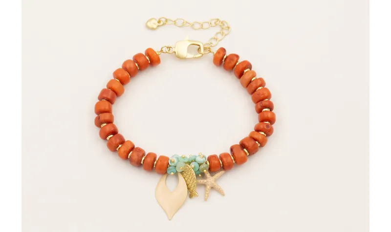 Pulsera discos coral con burruño discos nacar turq