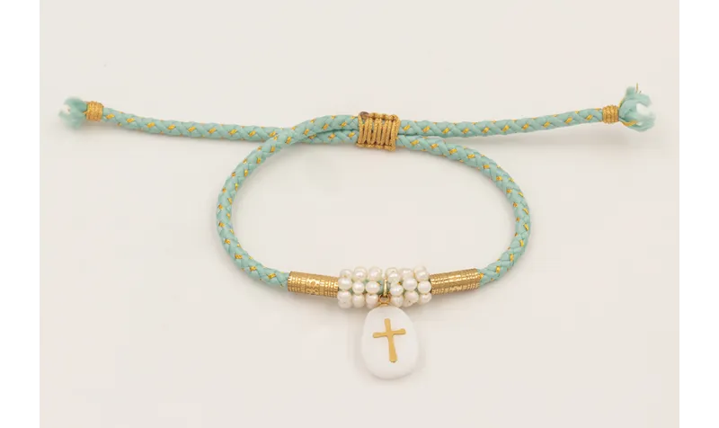 Pulsera cordón hilo dorado color turquesa con arit