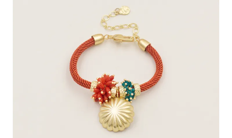 Pulsera cordón trenzado teja con burruños de coral