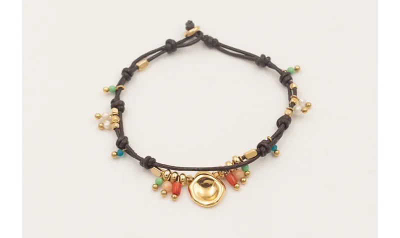 Pulsera ORO18K cuero marrón fino doble nudos con c