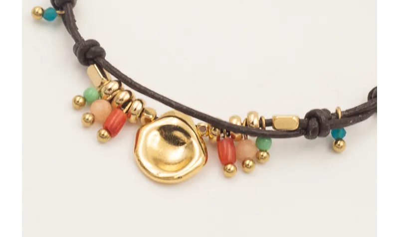 Pulsera ORO18K cuero marrón fino doble nudos con c