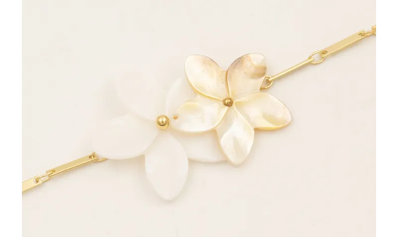 Pulsera cadena listones dorado mate con 2 flores d