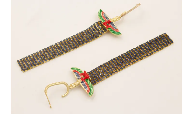 Pendientes fleco strass azul marino con esfinge Is