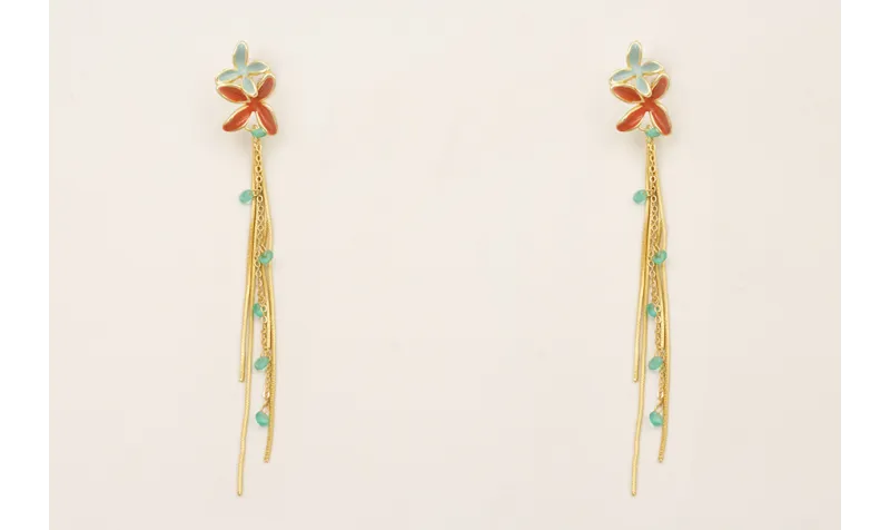 Pendientes perno doble flor esmaltada turquesa y t