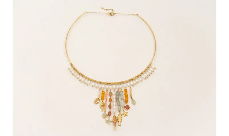 Collar rigído ACERO INOXIDABLE con perlas natural,