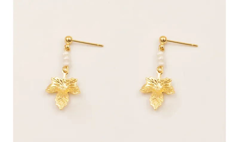 Pendientes perno bolita colgante hoja con BAÑO ORO