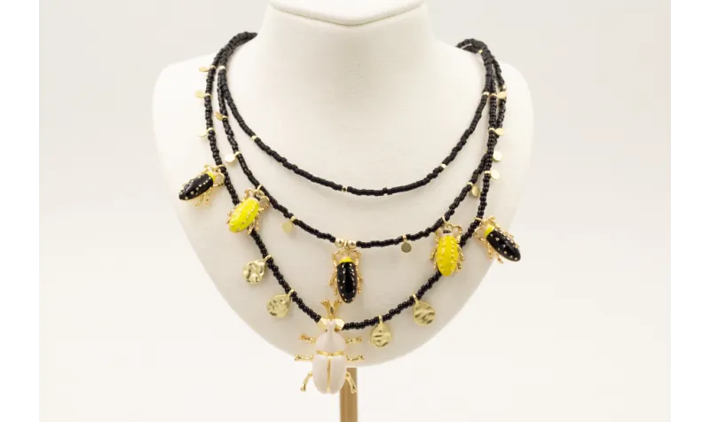 Collar 3 vueltas abalorios y miyukis negros con co