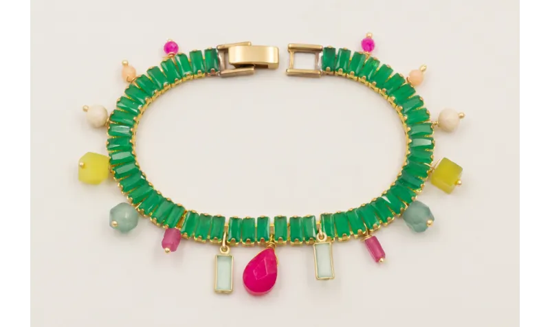 Pulsera strass rectangular color verde con colgant