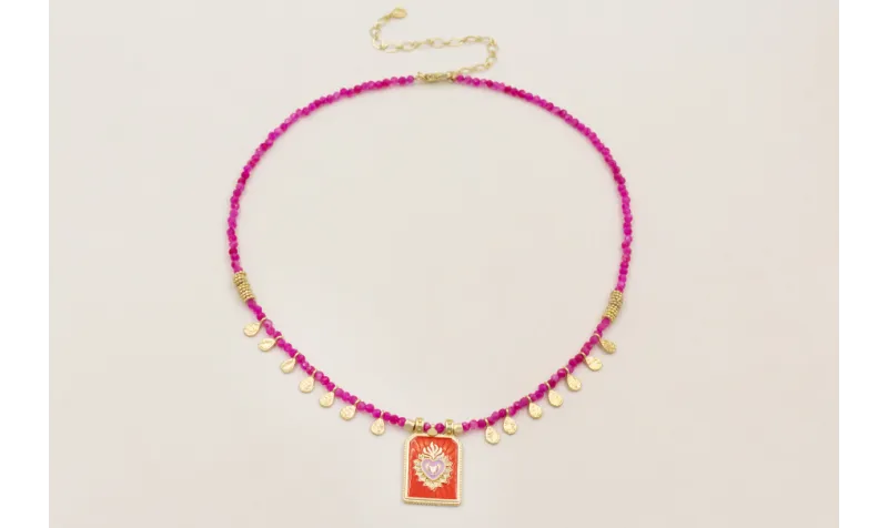 Collar facetadas piedra cuarzo fucsia con colgante