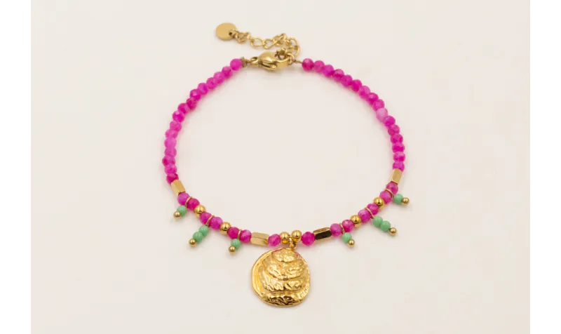 Pulsera facetadas cuarzo fucsia, bolitas piedra ve
