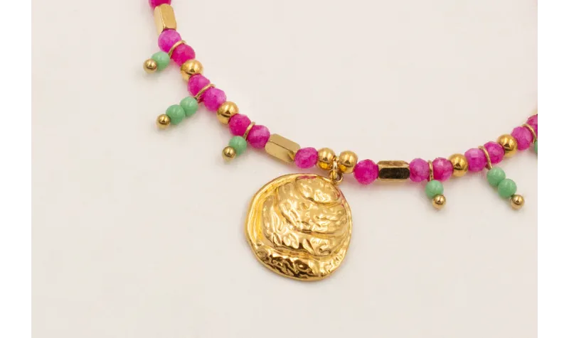 Pulsera facetadas cuarzo fucsia, bolitas piedra ve