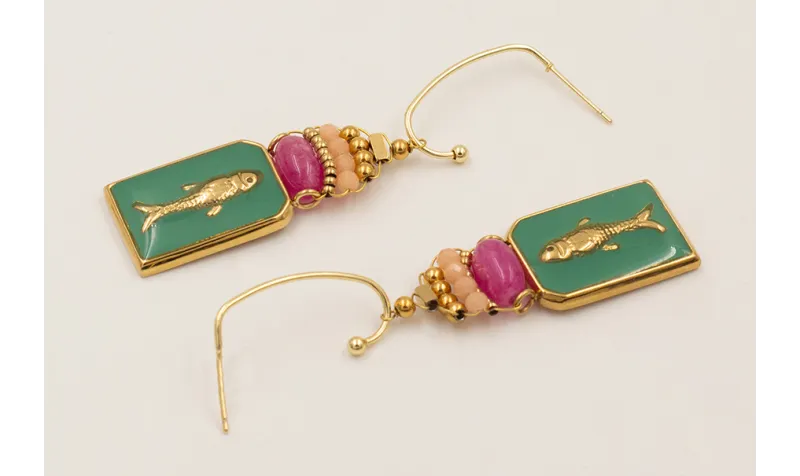Pendientes colgante chapa pez esmalte verde, pepit