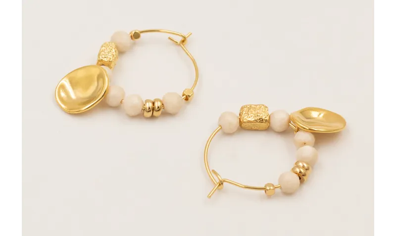 Pendientes ORO18K aro, facetadas piedra cuarzo cre