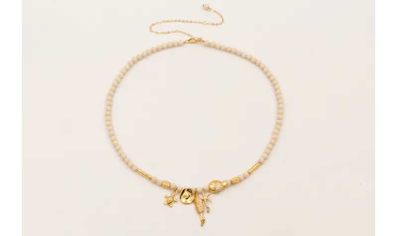 Collar ORO18K facetadas piedra cuarzo crema, pez, 