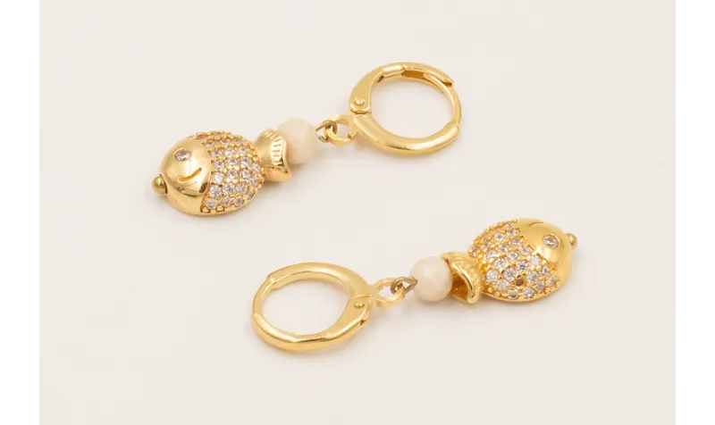 Pendientes ORO18K cierre con pez brillos cristal, 